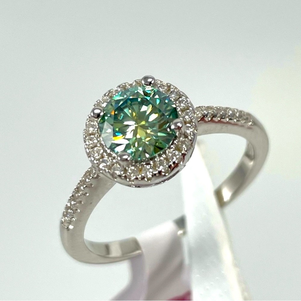 1CT Blue Green Moissanite Round Cut Halo Certifies Solid Silver Engagement Ring
